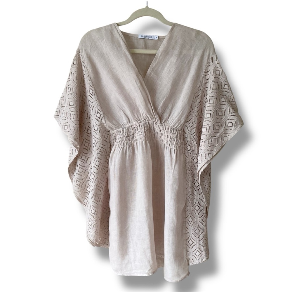 Vaentina Naldi Linen and Lace Smocked Tunic Top in Pale Beige Size S